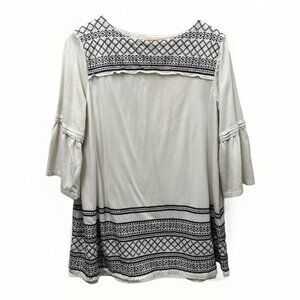 J.Jill Embroidered Bohemian Tunic Top White Black Geometric Bell Sleeve Festival